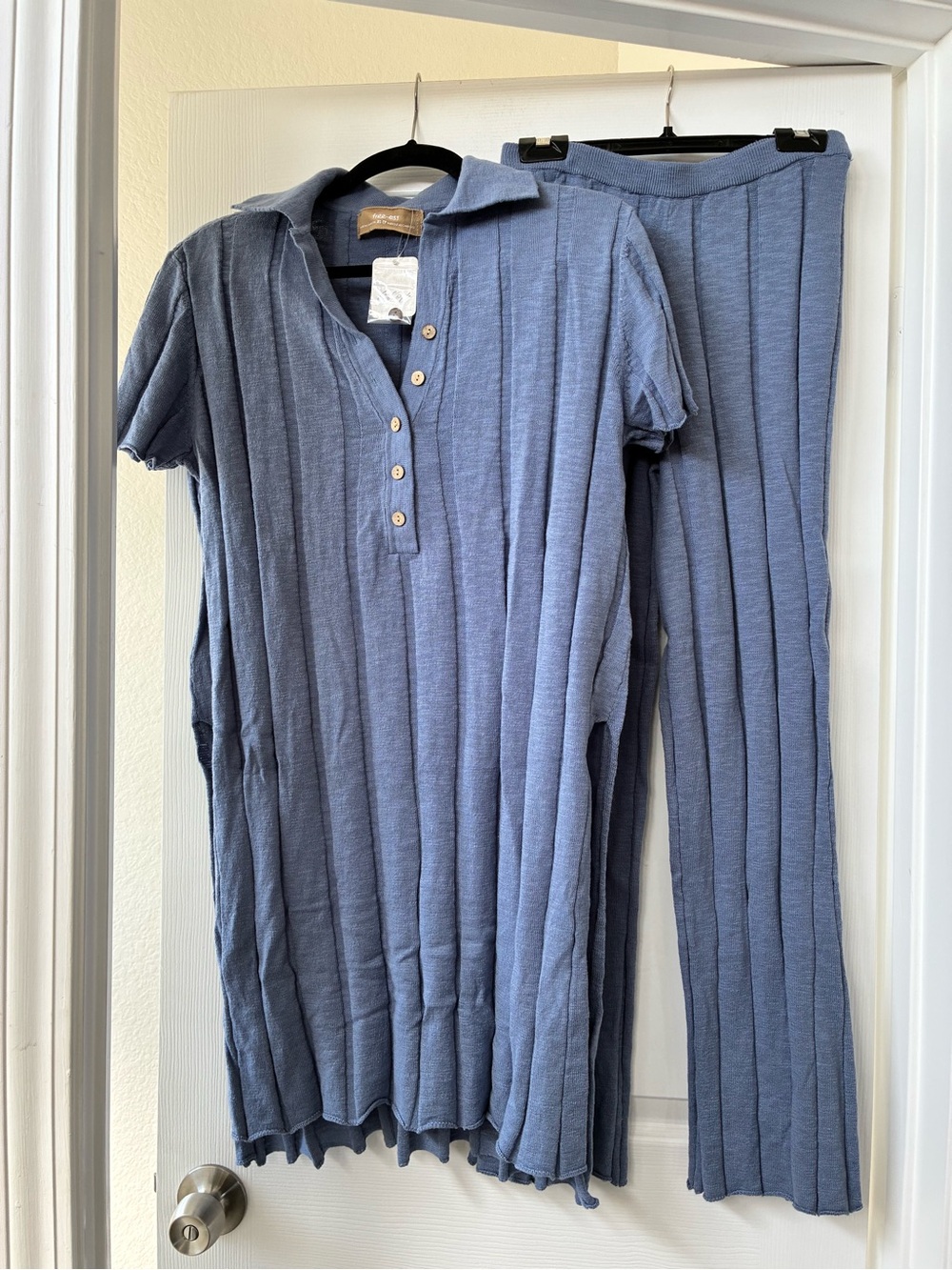 Free People Blue Ribbed Knit Wide-Leg Pants with Matching Collared Top